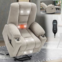 Power Lift Recliner Chair with Massage and Heat for Elderly, Overstuffed Wide Recliners, Heavy Duty Motion Mechanism with USB and Type C Ports
