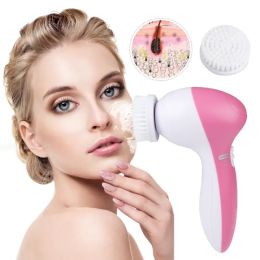 Waterproof Facial Cleansing Brush Face Spin Cleaning Brush Scrubber With 5 Brush Heads For Women (Option: Pink)
